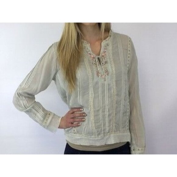 Johnny Was Pintuck Mesh Peasant Blouse, Eyelet, Sheer, Floral Embroidery Small / - Picture 1 of 8